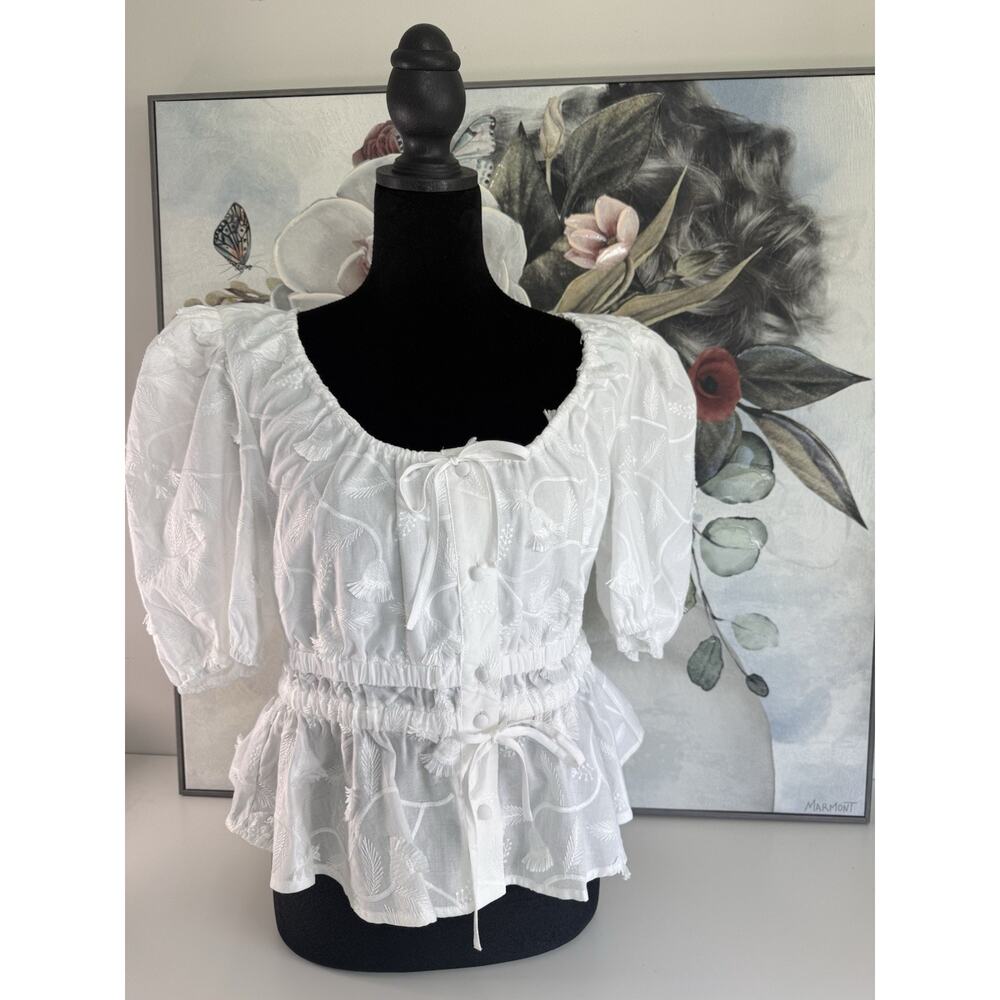 Joie White Cotton Embroidered Puff Sleeve Blouse Button Scoop Neck Floral L
